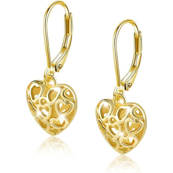 Women's Heart Dangle Drop Gold French Style Leverback Earrings Jewelry - Picture 1 of 8